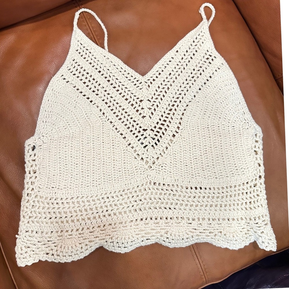 Forever 21 Crochet Cami Top Women Cream Boho Festival Layering Knit Crop Small